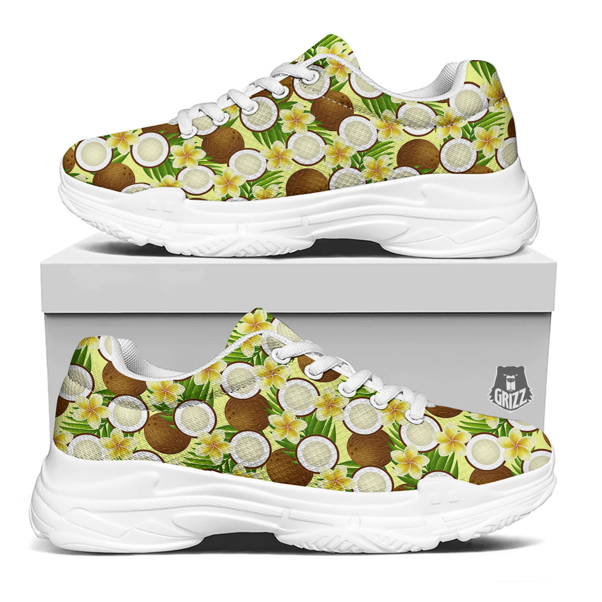 Coconut Beige Print Pattern White Chunky Shoes-grizzshop