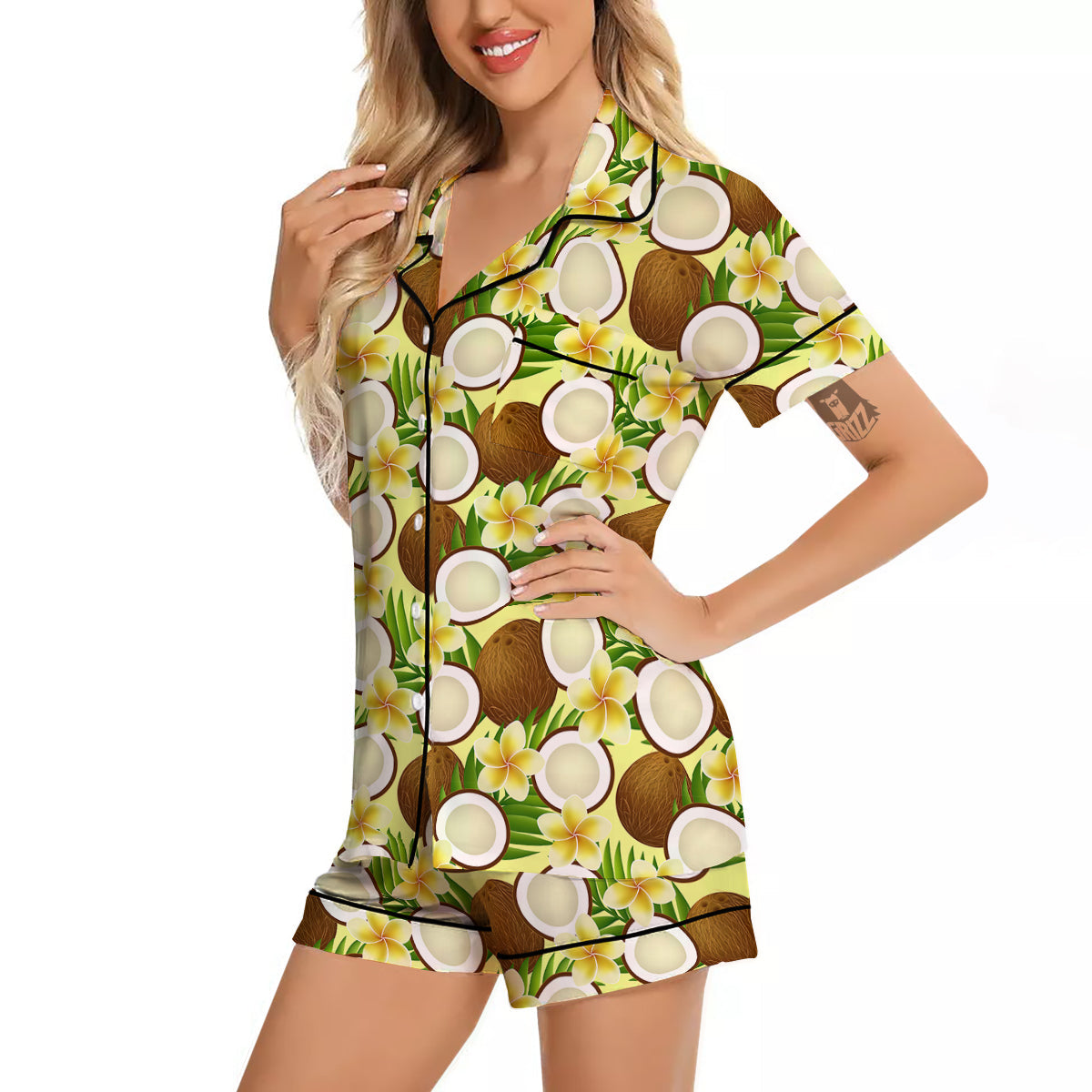 Coconut Beige Print Pattern Women Silk Pajamas-grizzshop
