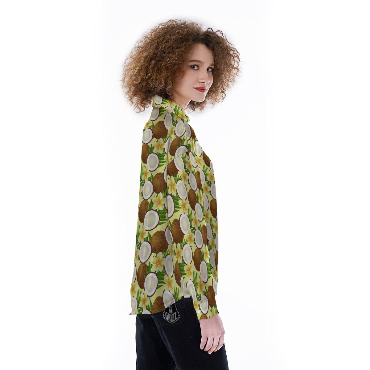 Coconut Beige Print Pattern Women's Long Sleeve Shirts-grizzshop
