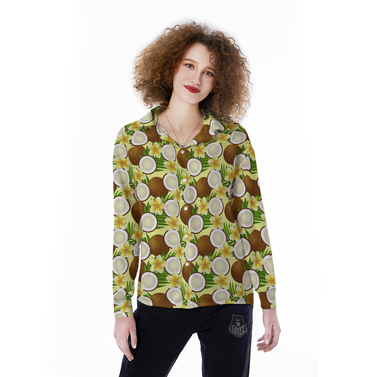 Coconut Beige Print Pattern Women's Long Sleeve Shirts-grizzshop