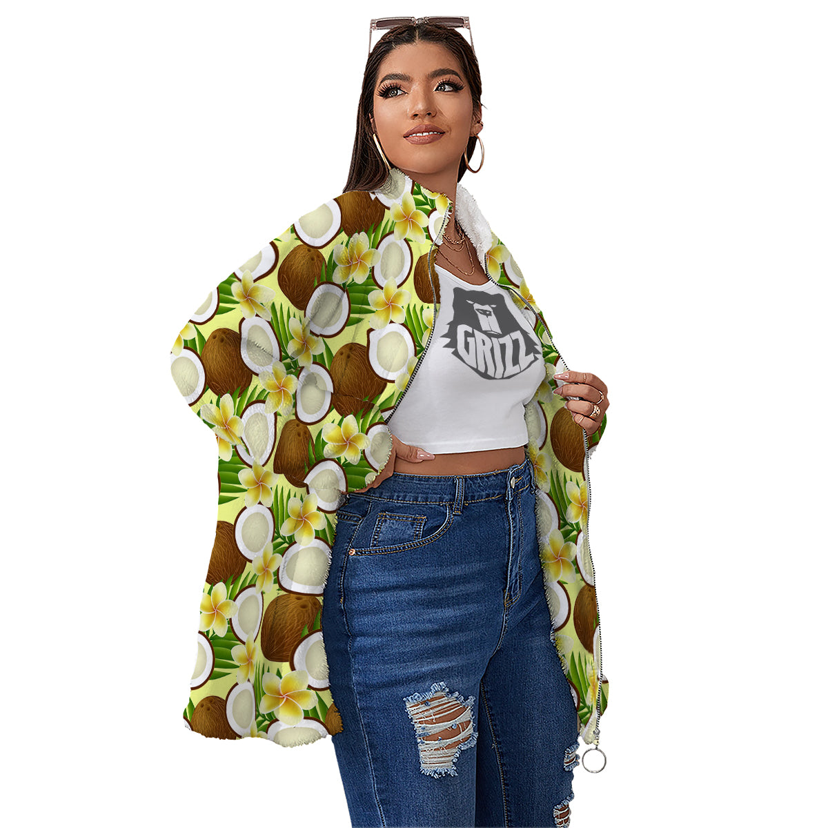 Coconut Beige Print Pattern Women's Sherpa Jacket-grizzshop