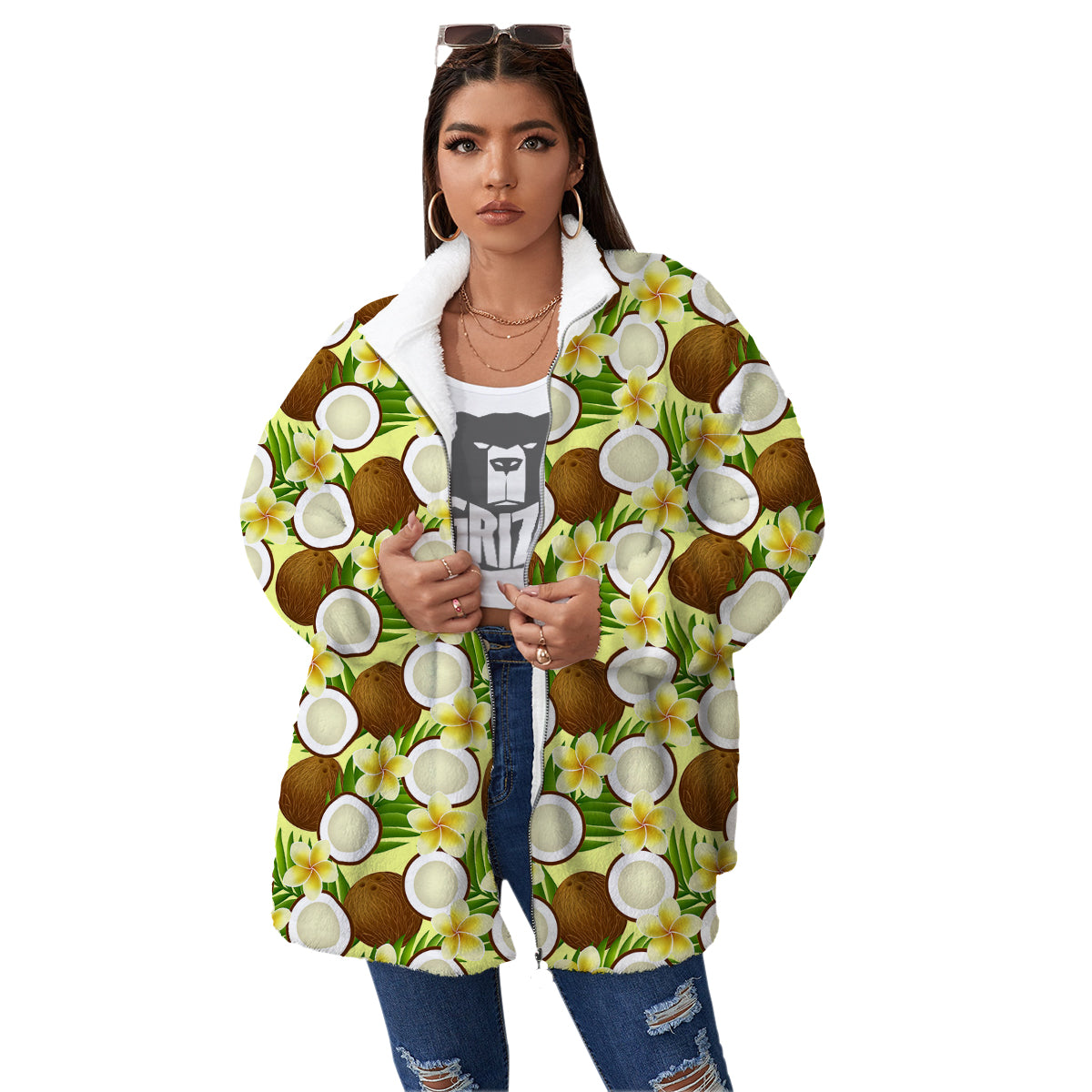 Coconut Beige Print Pattern Women's Sherpa Jacket-grizzshop