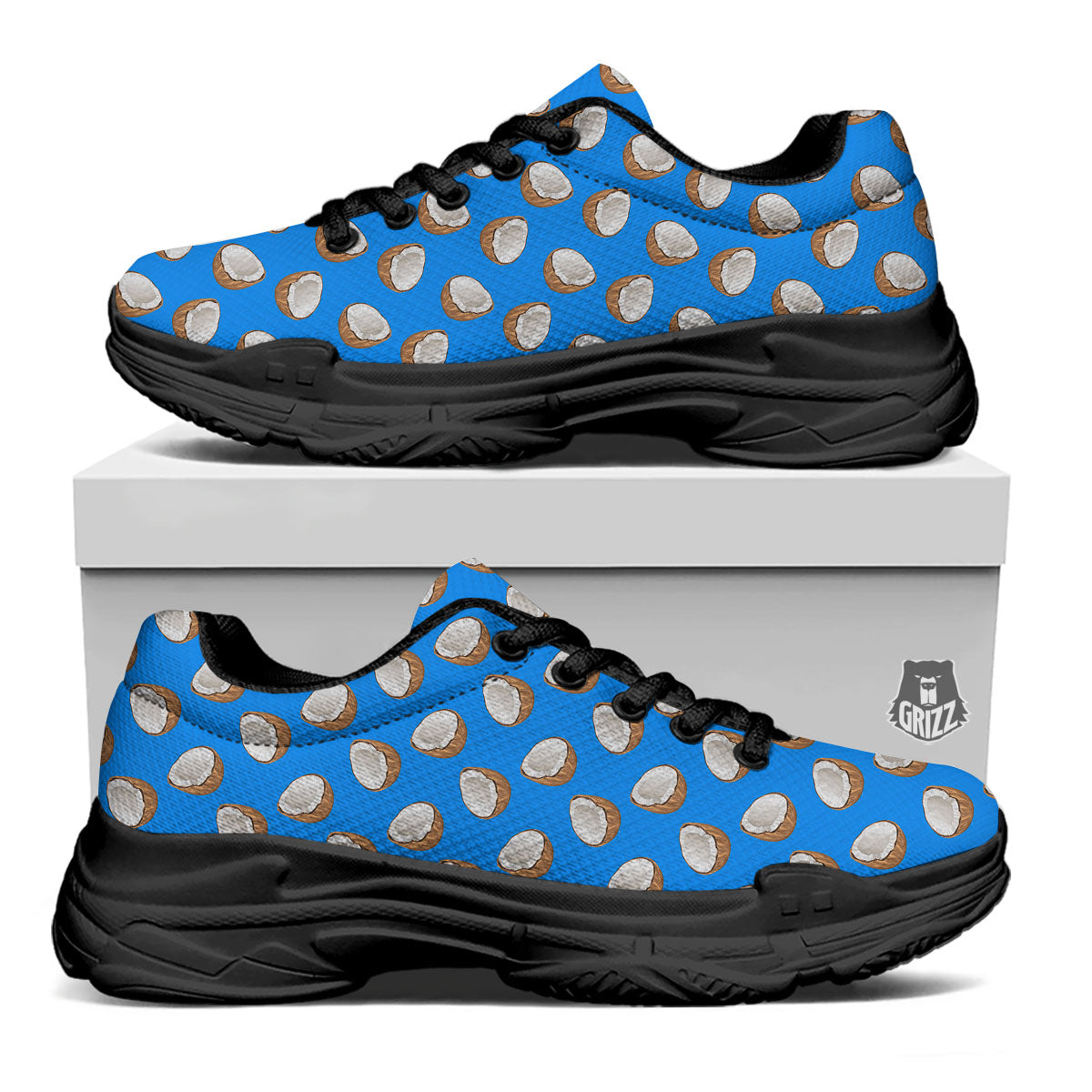 Coconut Blue Print Pattern Black Chunky Shoes-grizzshop