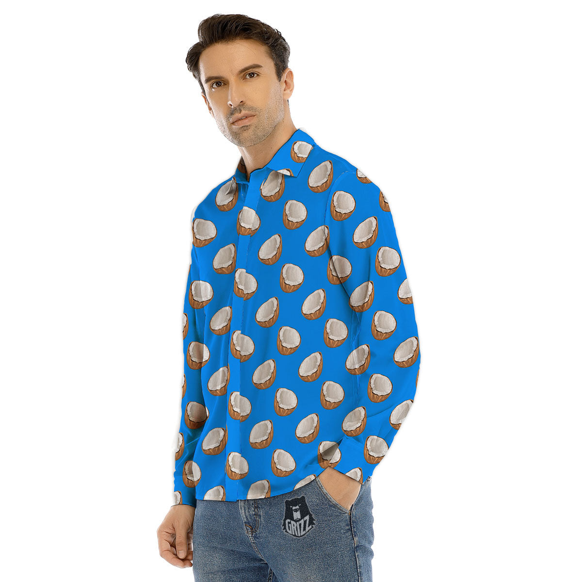 Coconut Blue Print Pattern Men's Dress Shirts-grizzshop