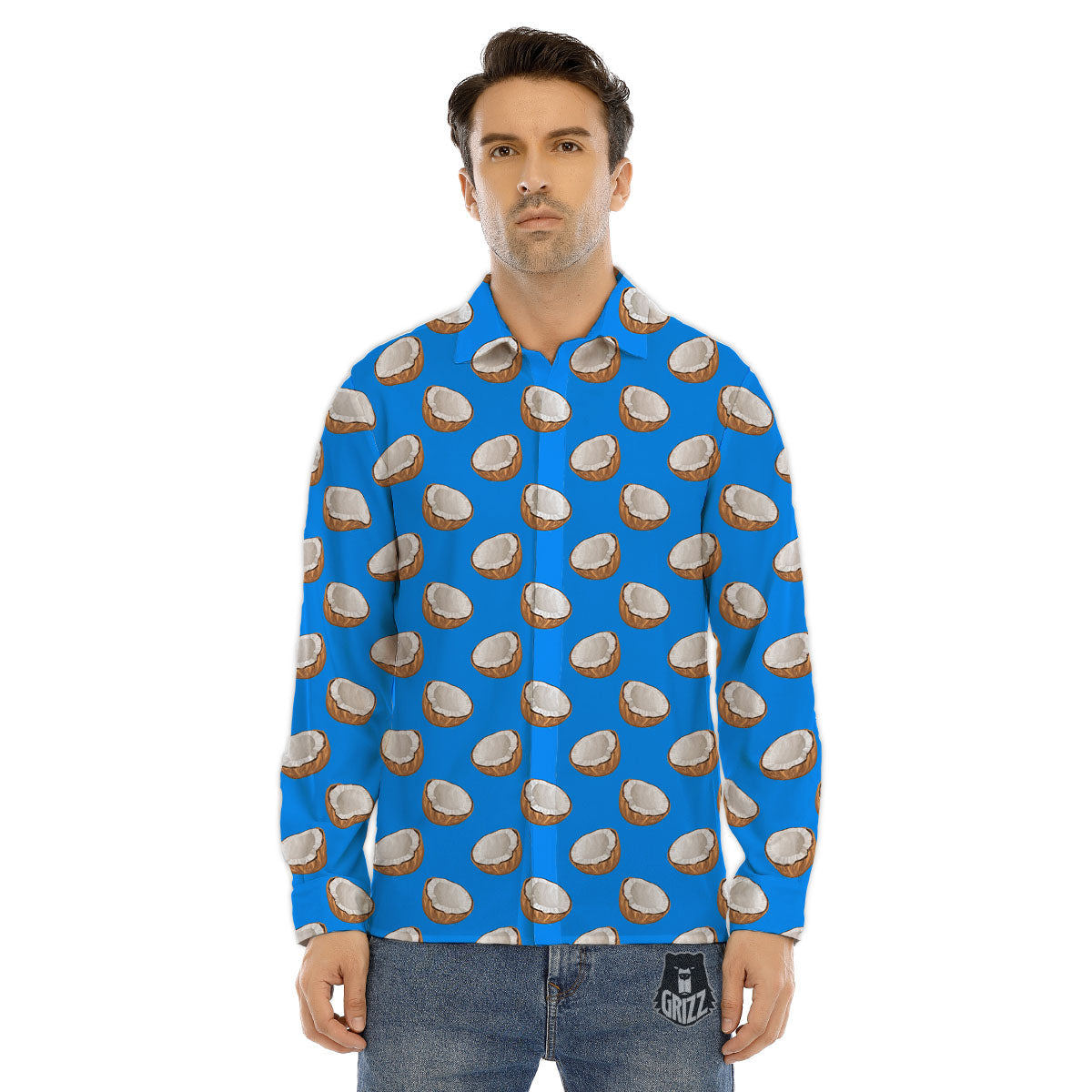 Coconut Blue Print Pattern Men's Dress Shirts-grizzshop