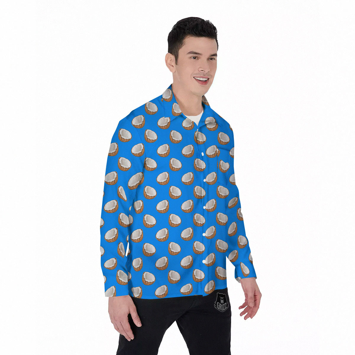 Coconut Blue Print Pattern Men's Long Sleeve Shirts-grizzshop