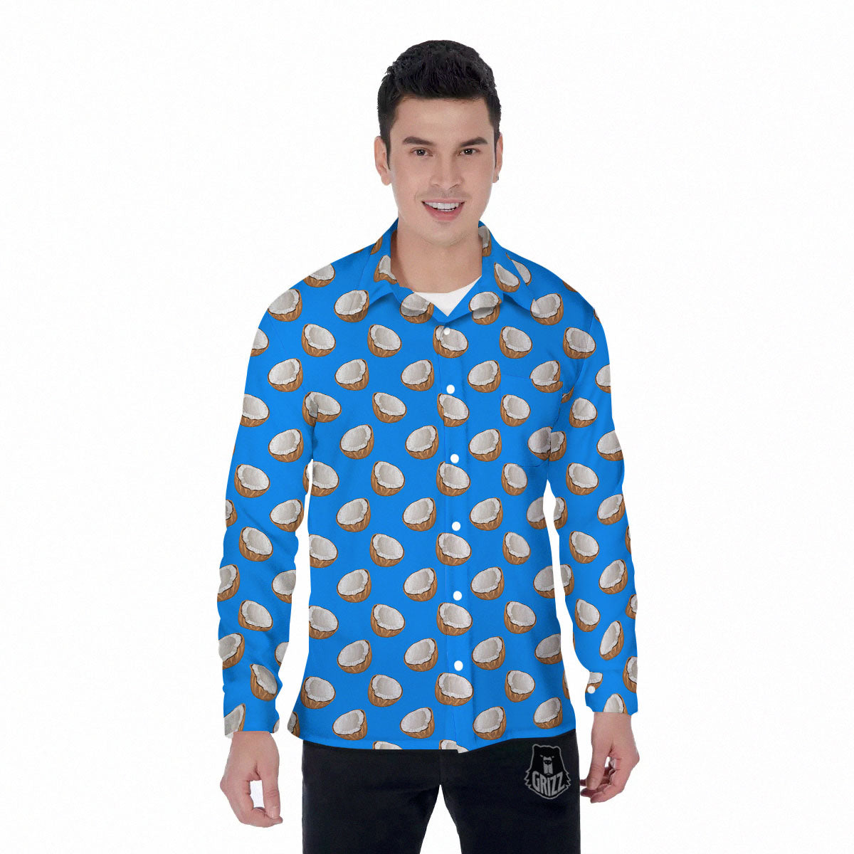 Coconut Blue Print Pattern Men's Long Sleeve Shirts-grizzshop