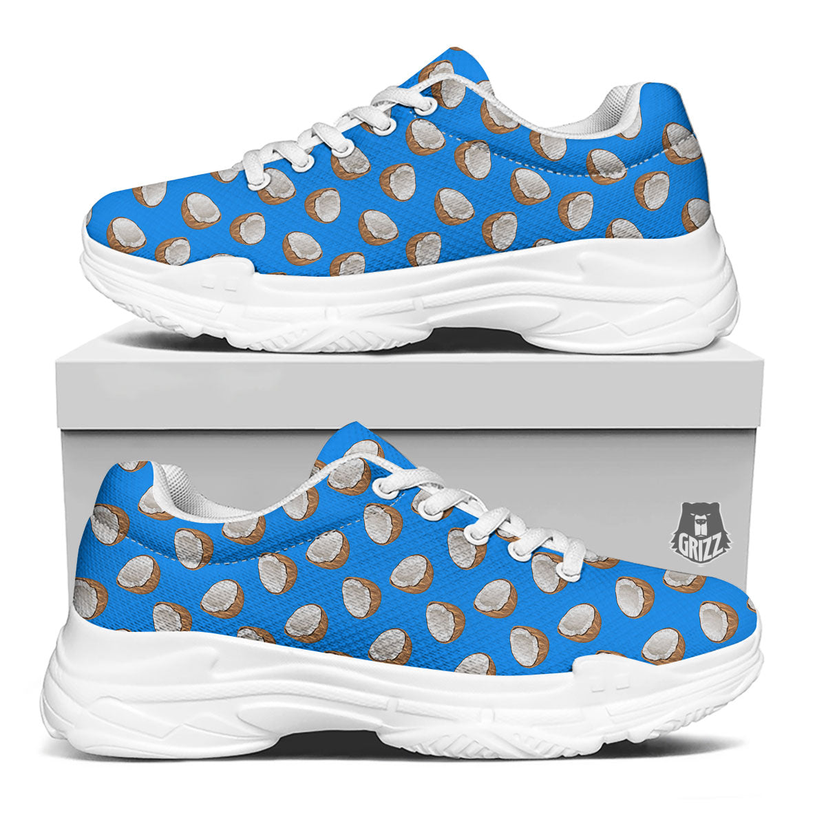 Coconut Blue Print Pattern White Chunky Shoes-grizzshop
