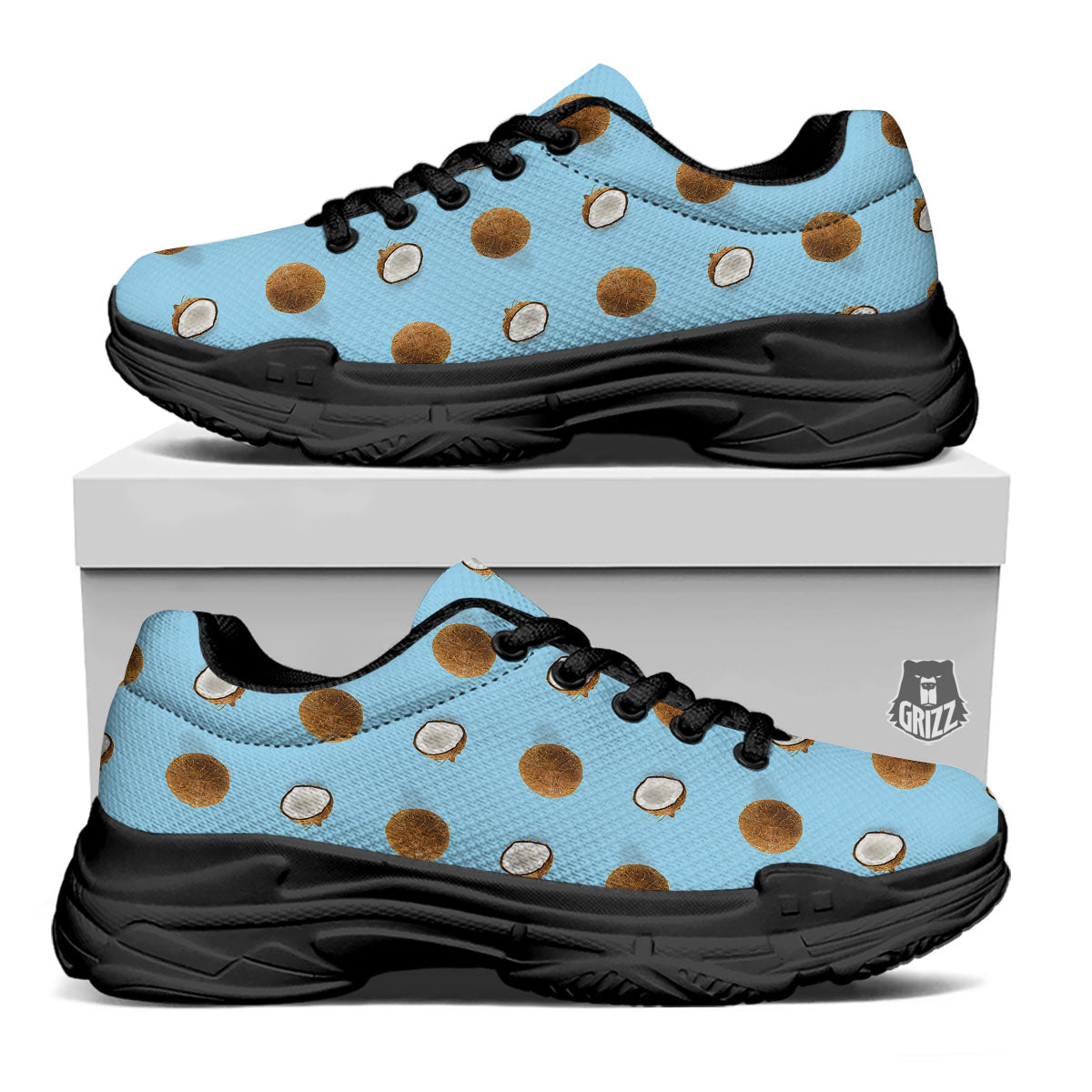 Coconut Blue Summer Print Pattern Black Chunky Shoes-grizzshop