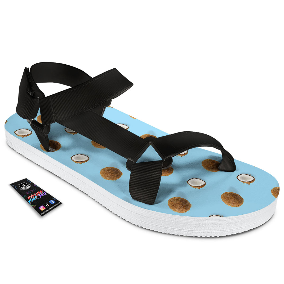 Coconut Blue Summer Print Pattern Black Open Toe Sandals-grizzshop