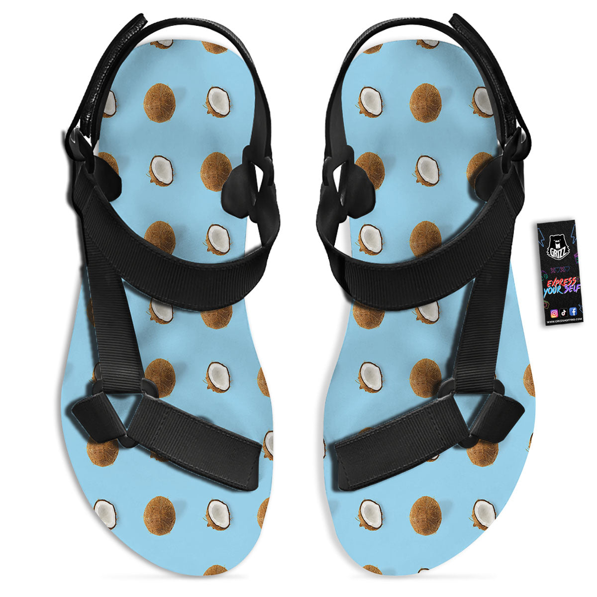 Coconut Blue Summer Print Pattern Black Open Toe Sandals-grizzshop