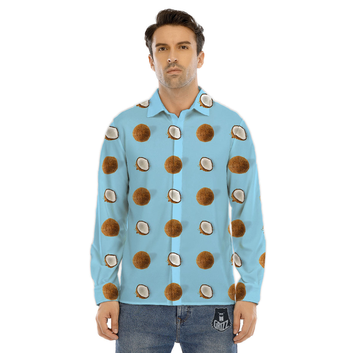 Coconut Blue Summer Print Pattern Men's Dress Shirts-grizzshop