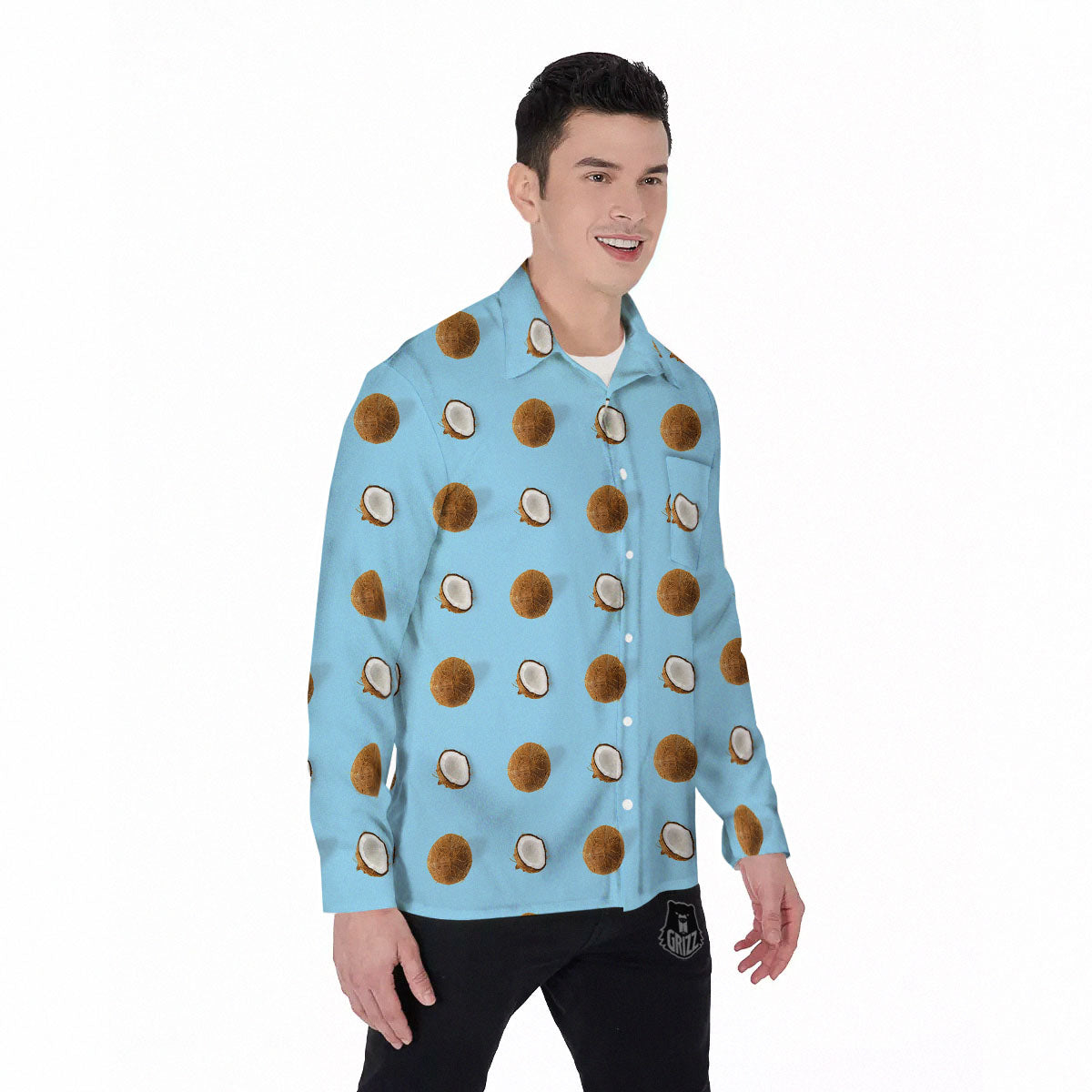 Coconut Blue Summer Print Pattern Men's Long Sleeve Shirts-grizzshop