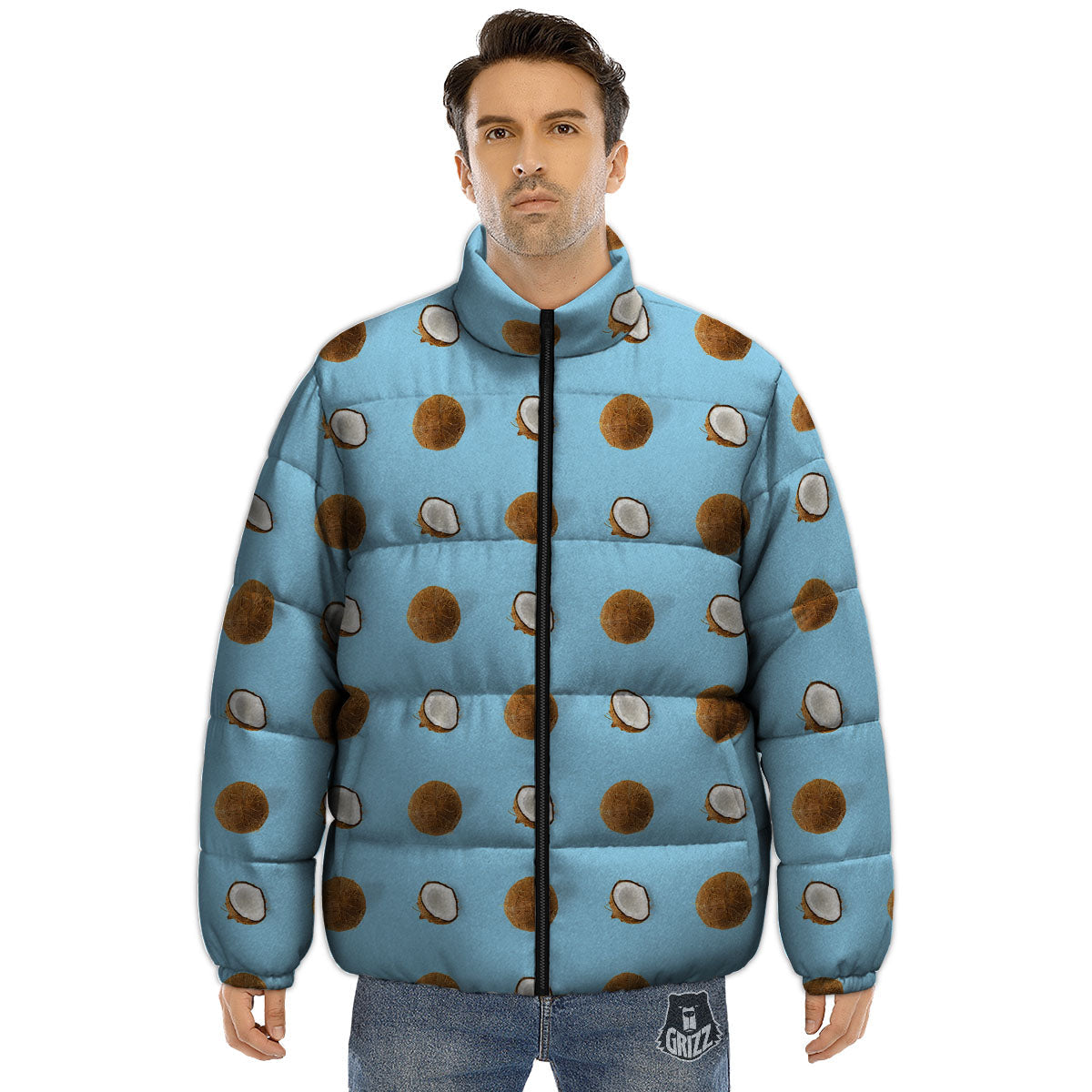 Coconut Blue Summer Print Pattern Puffer Jacket-grizzshop