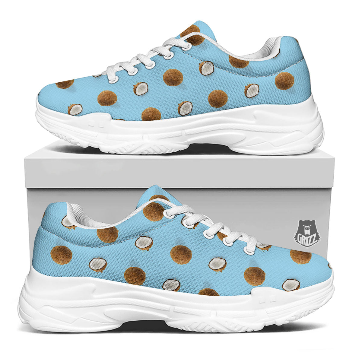 Coconut Blue Summer Print Pattern White Chunky Shoes-grizzshop