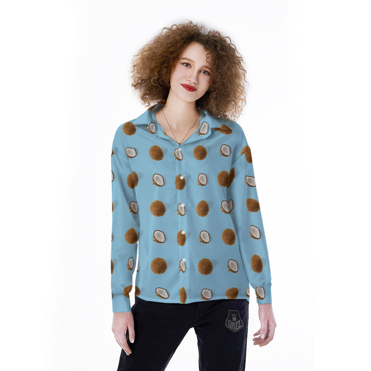 Coconut Blue Summer Print Pattern Women's Long Sleeve Shirts-grizzshop