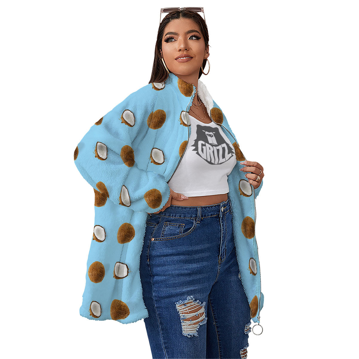 Coconut Blue Summer Print Pattern Women's Sherpa Jacket-grizzshop