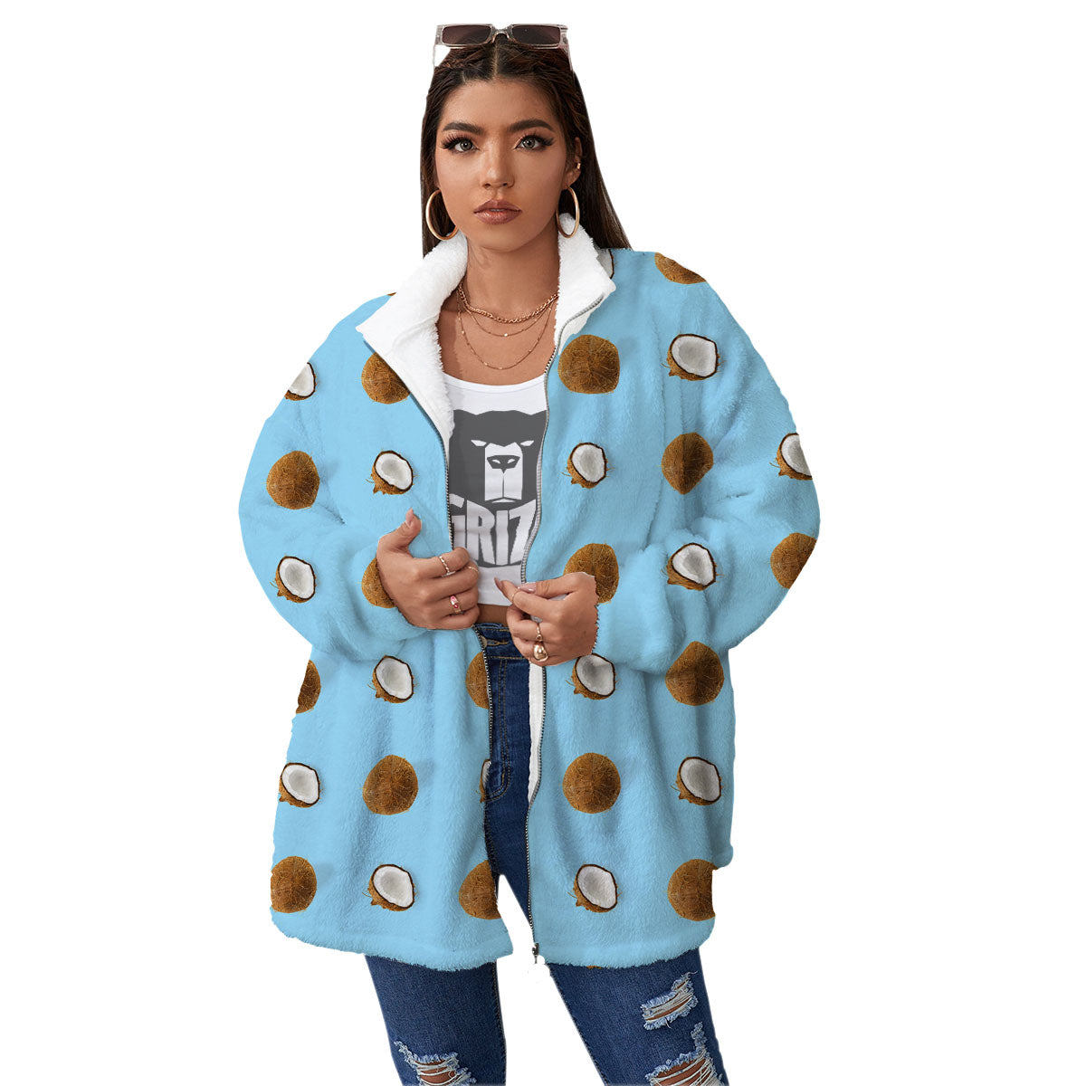 Coconut Blue Summer Print Pattern Women's Sherpa Jacket-grizzshop