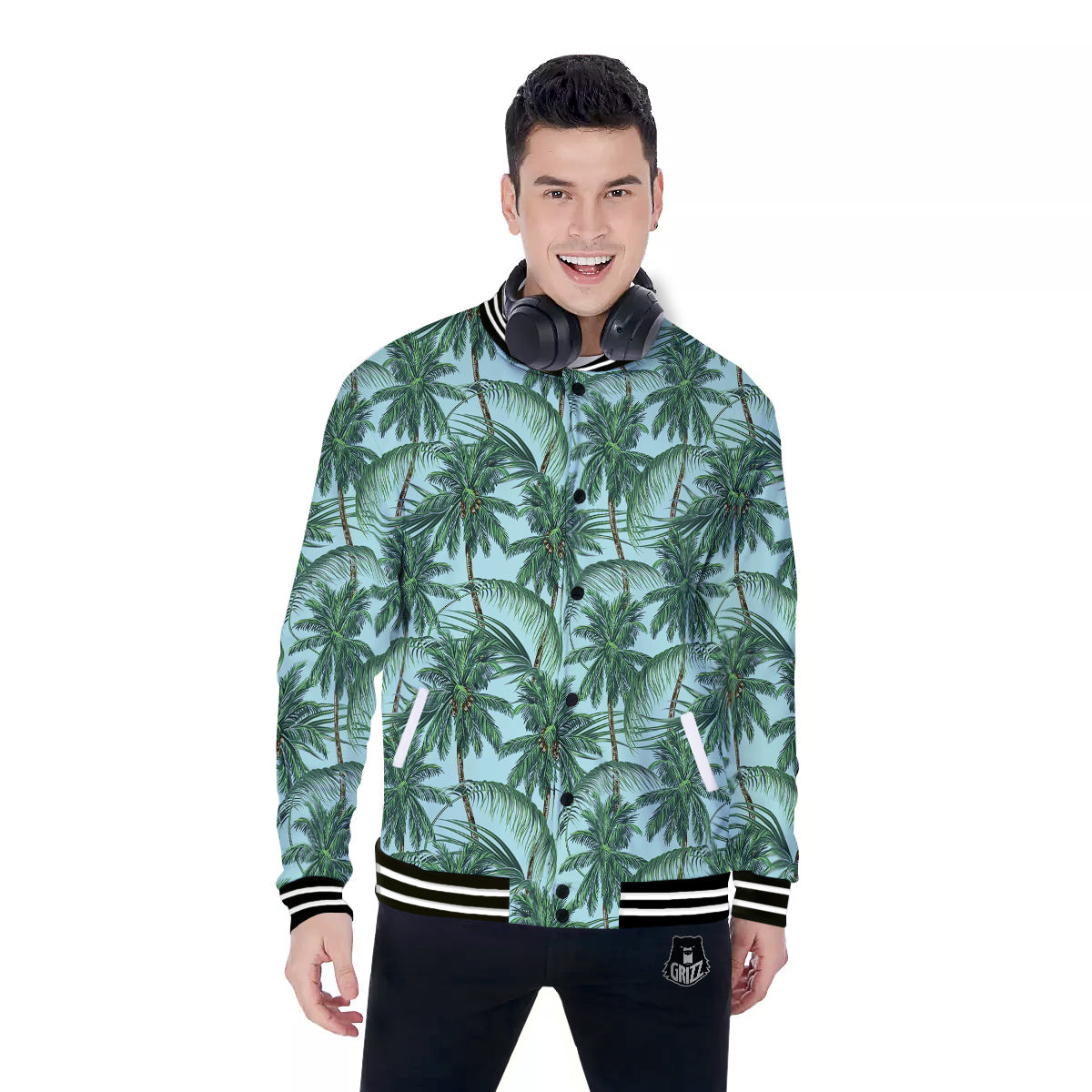 Coconut Leaf Print Baseball Jacket-grizzshop