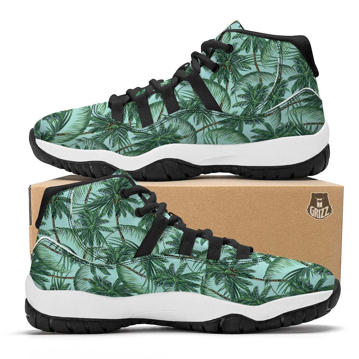 Coconut Leaf Print Black Bball Shoes-grizzshop