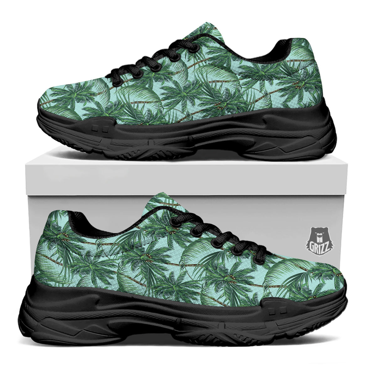 Coconut Leaf Print Black Chunky Shoes-grizzshop