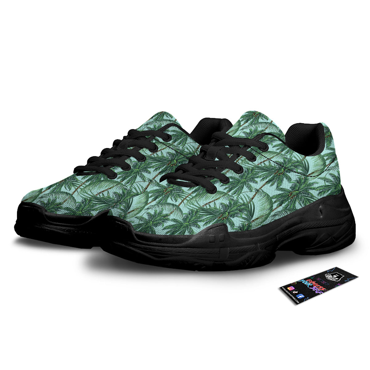Coconut Leaf Print Black Chunky Shoes-grizzshop
