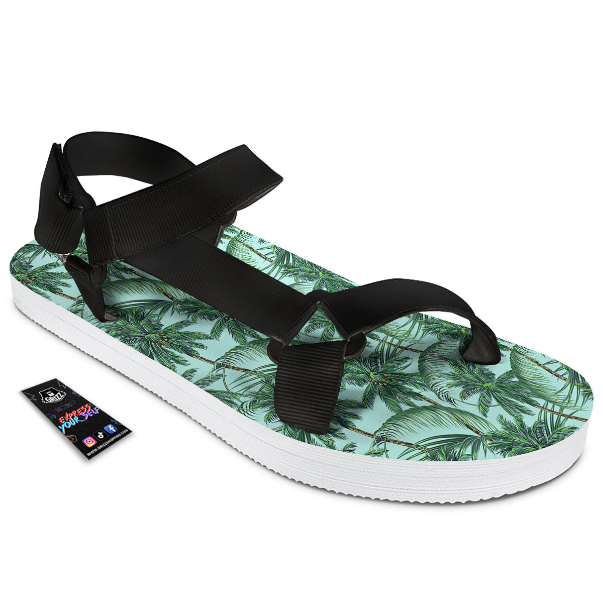 Coconut Leaf Print Black Open Toe Sandals-grizzshop