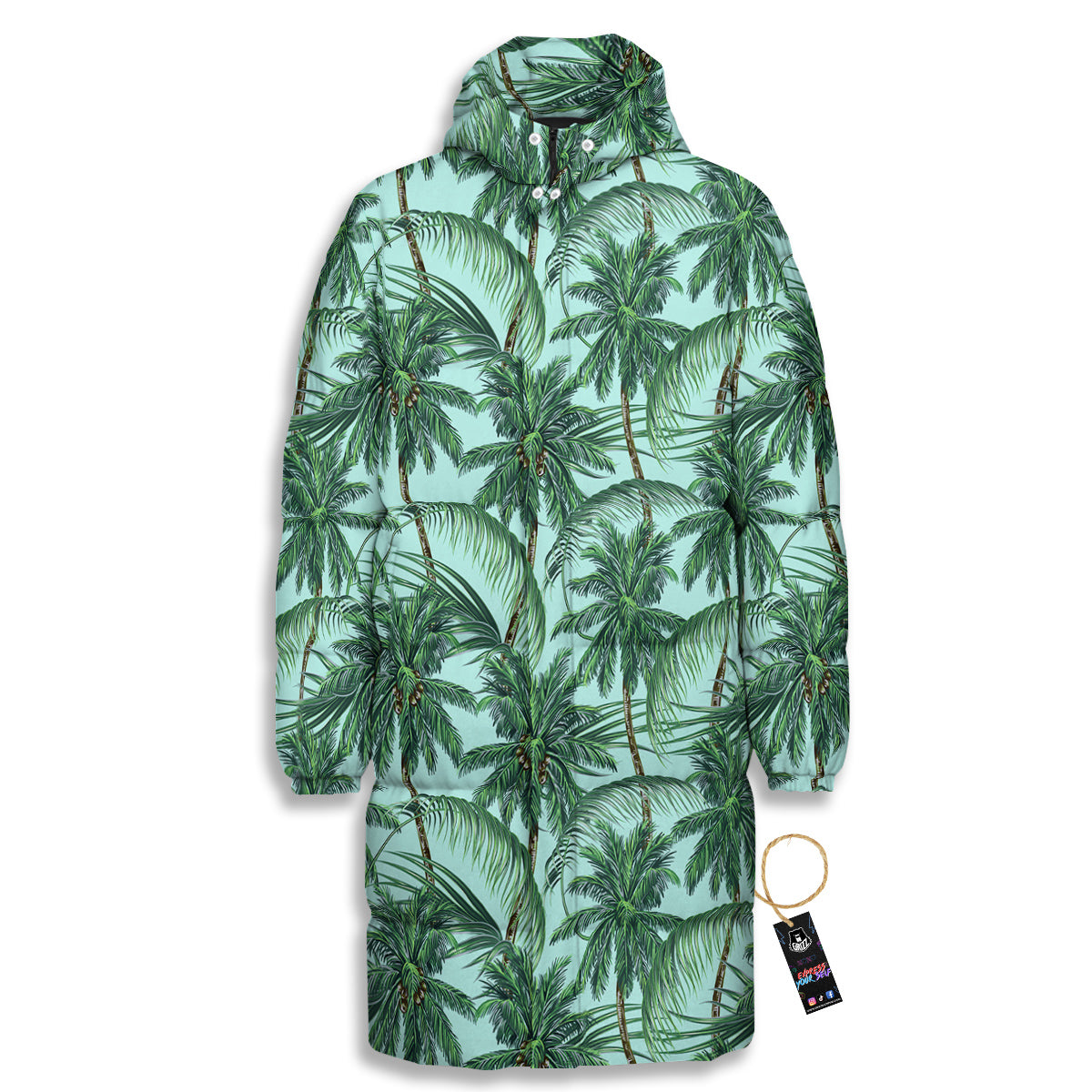 Coconut Leaf Print Long Down Jacket-grizzshop