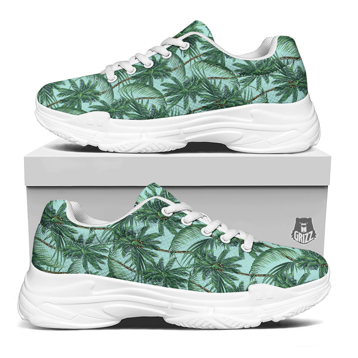 Coconut Leaf Print White Chunky Shoes-grizzshop