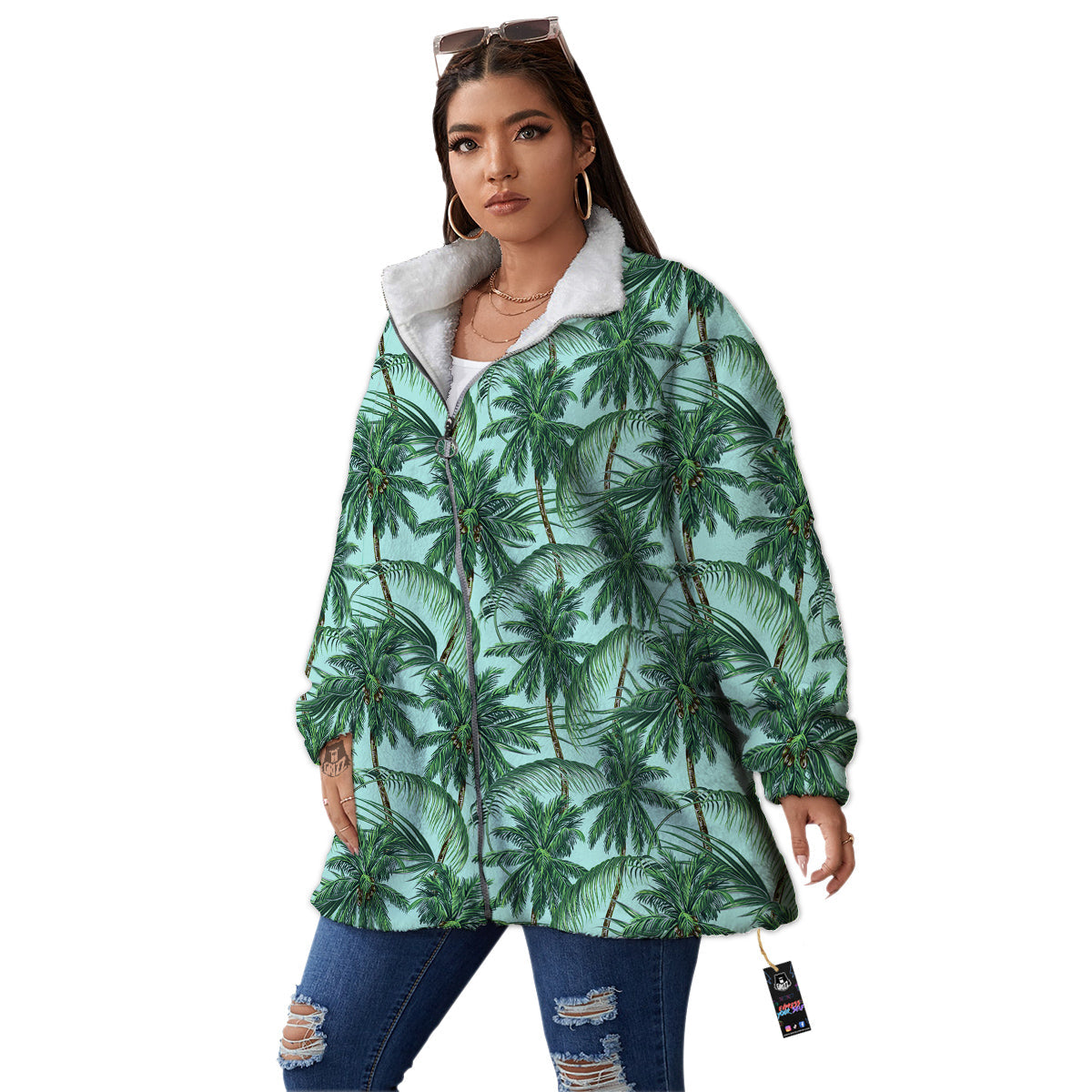 Coconut Leaf Print Women's Sherpa Jacket-grizzshop