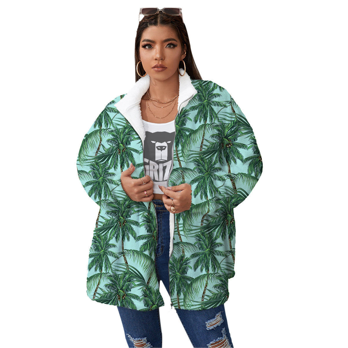 Coconut Leaf Print Women's Sherpa Jacket-grizzshop