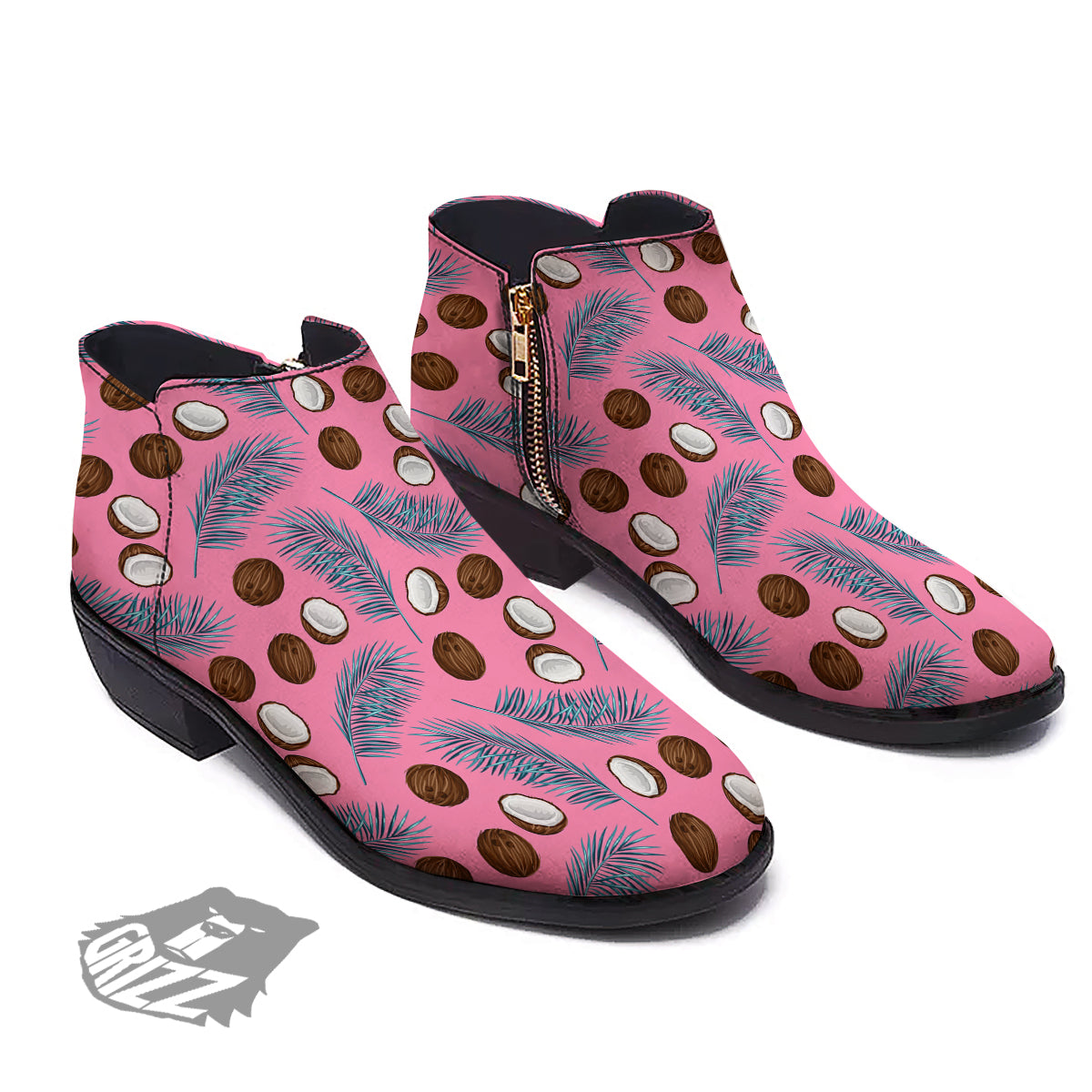 Coconut Pink And Palm Leaf Print Pattern Ankle Boots-grizzshop