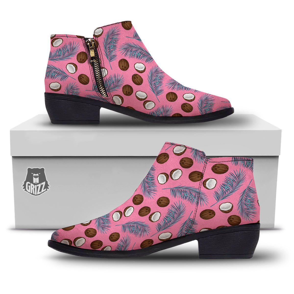 Coconut Pink And Palm Leaf Print Pattern Ankle Boots-grizzshop