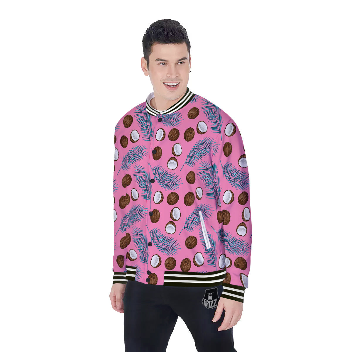 Coconut Pink And Palm Leaf Print Pattern Baseball Jacket-grizzshop