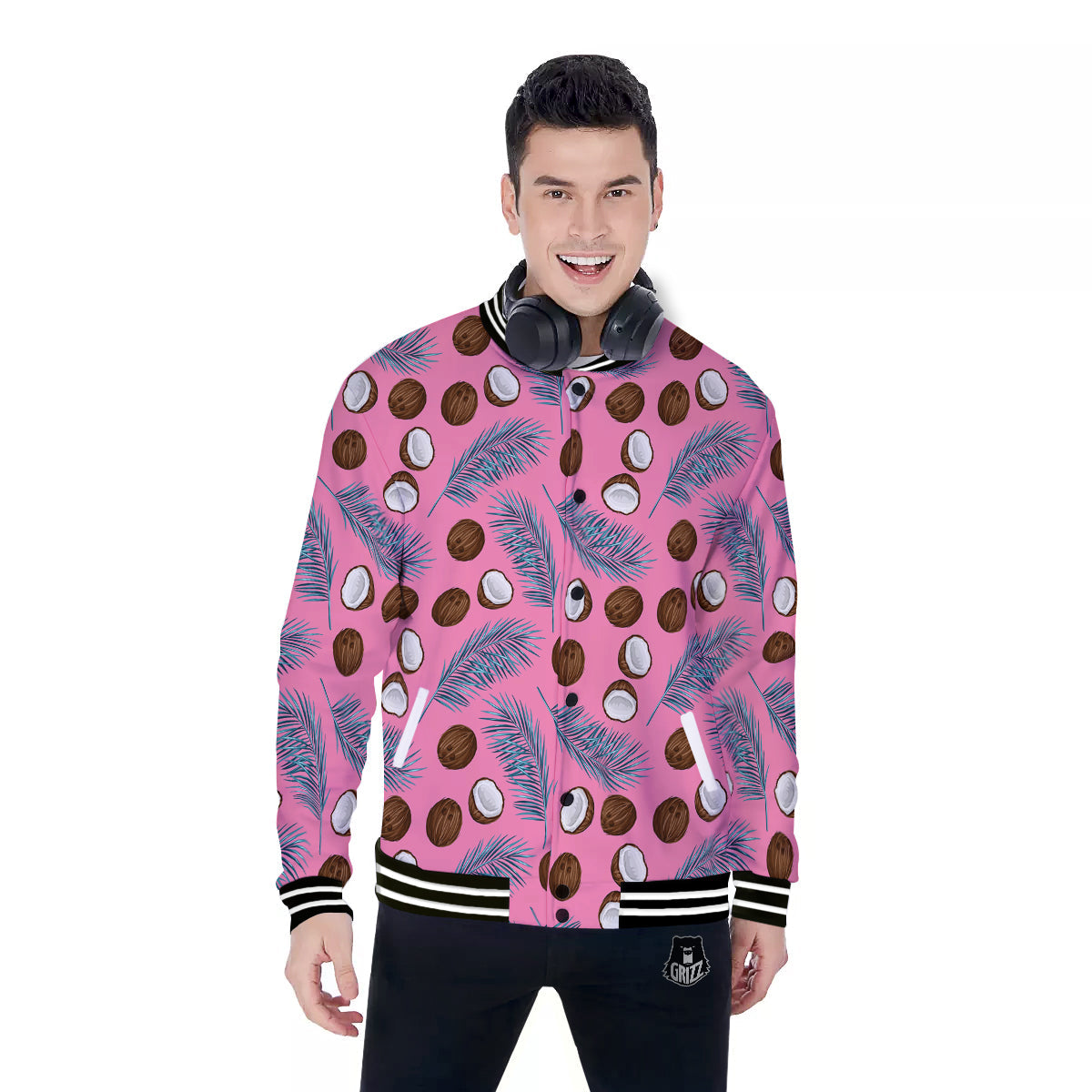 Coconut Pink And Palm Leaf Print Pattern Baseball Jacket-grizzshop