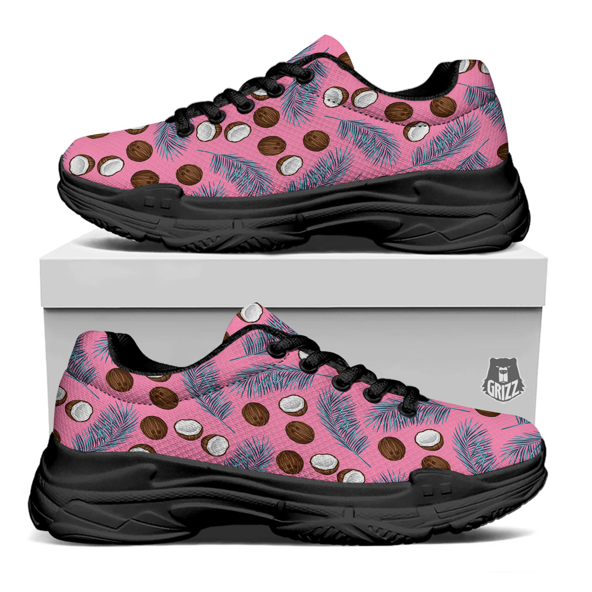 Coconut Pink And Palm Leaf Print Pattern Black Chunky Shoes-grizzshop