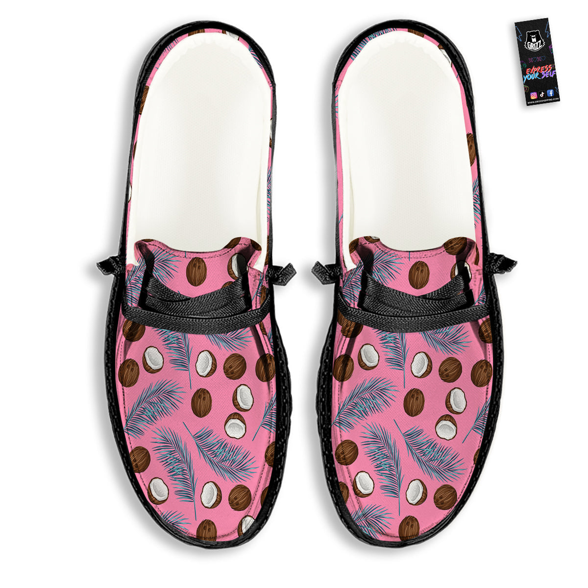 Coconut Pink And Palm Leaf Print Pattern Black Loafers-grizzshop