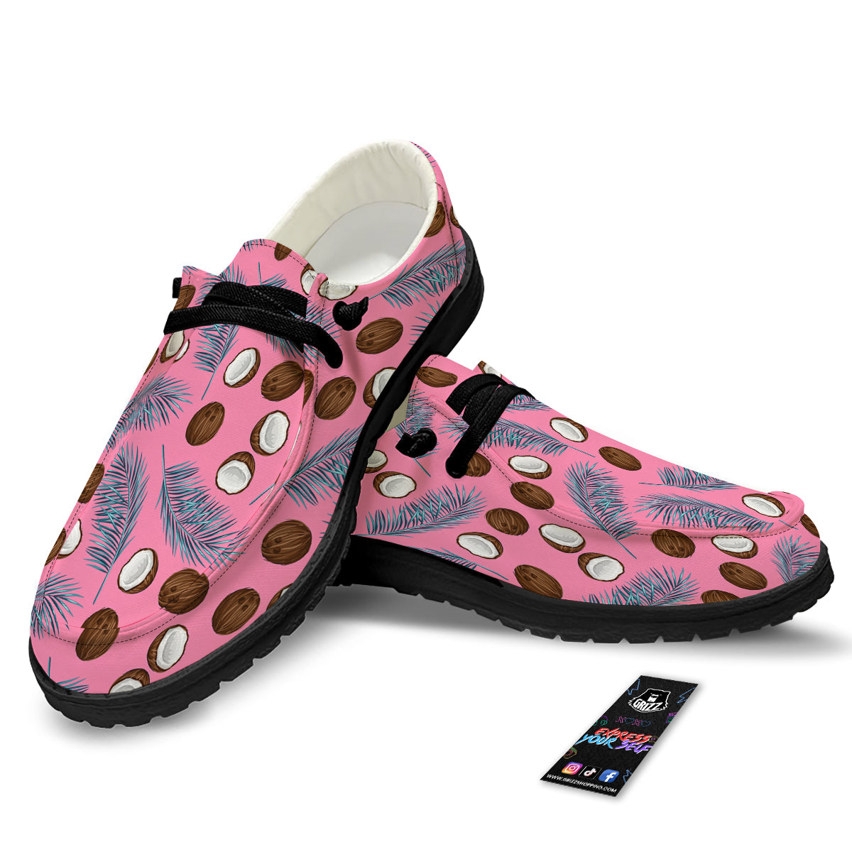 Coconut Pink And Palm Leaf Print Pattern Black Loafers-grizzshop