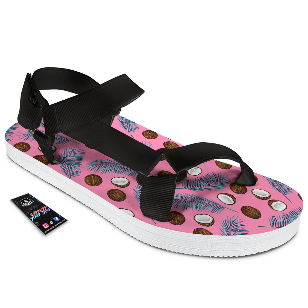 Coconut Pink And Palm Leaf Print Pattern Black Open Toe Sandals-grizzshop