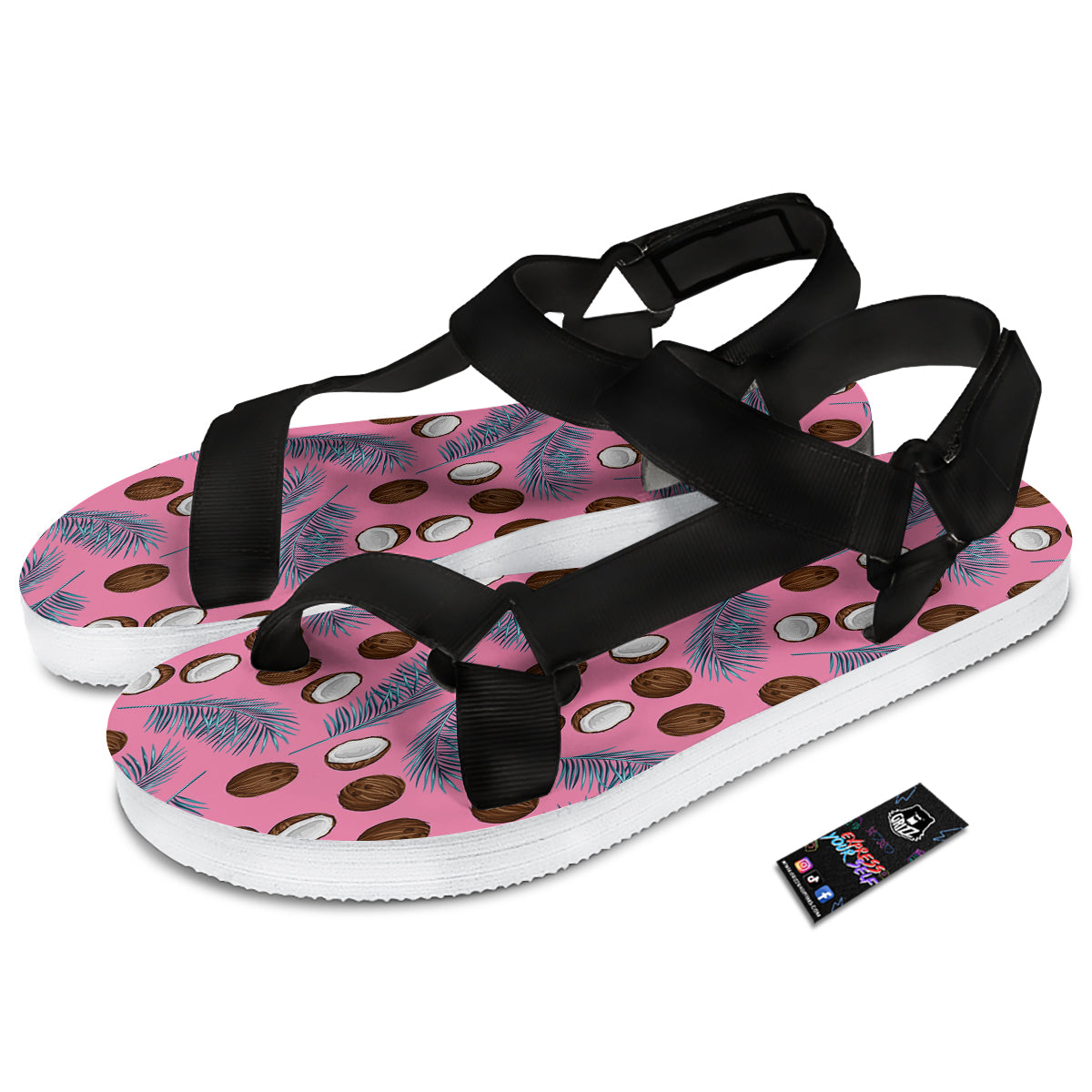 Coconut Pink And Palm Leaf Print Pattern Black Open Toe Sandals-grizzshop