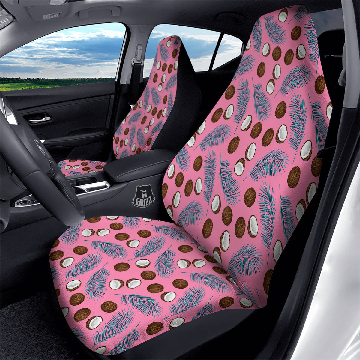 Coconut Pink And Palm Leaf Print Pattern Car Seat Covers-grizzshop