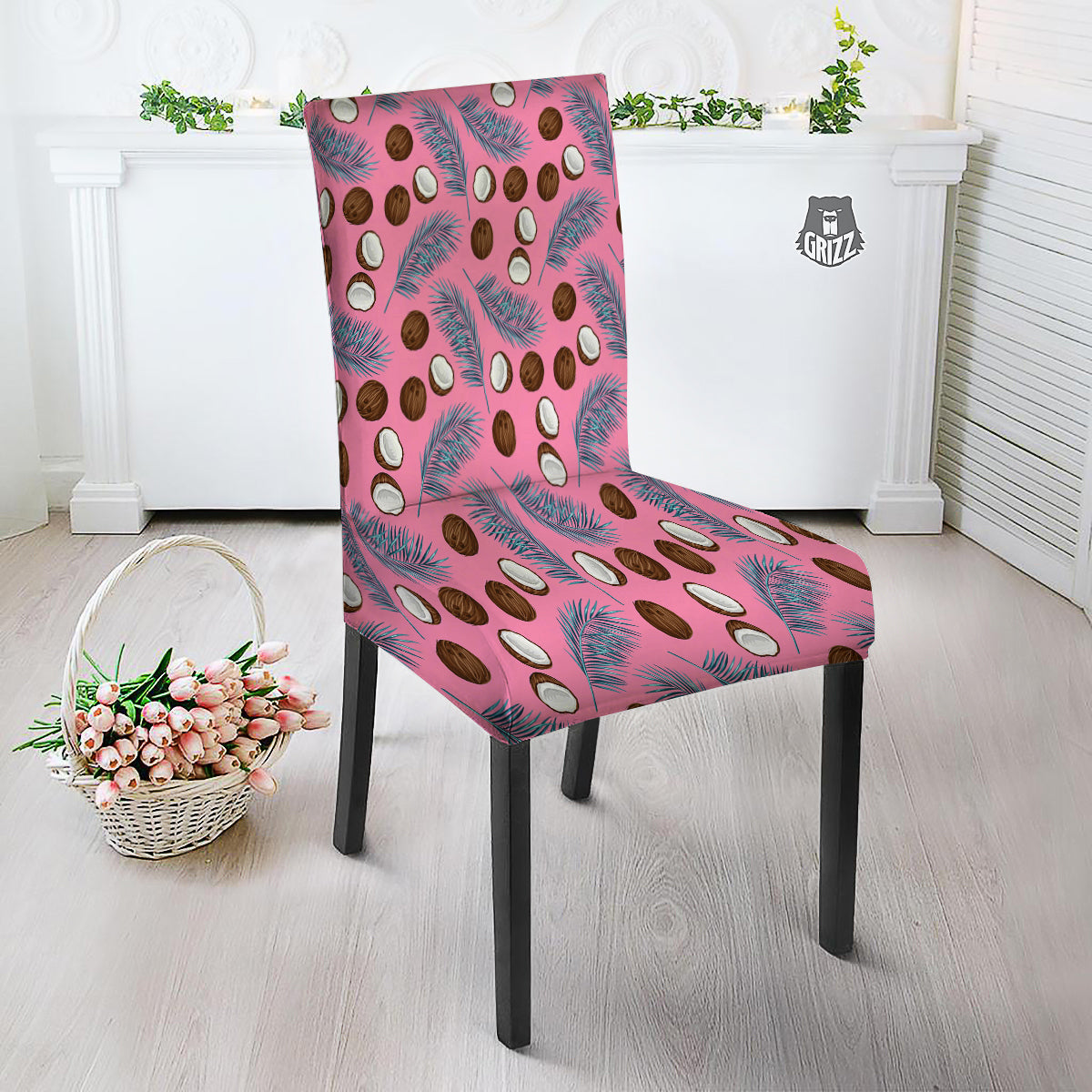 Coconut Pink And Palm Leaf Print Pattern Dining Chair Slipcover-grizzshop