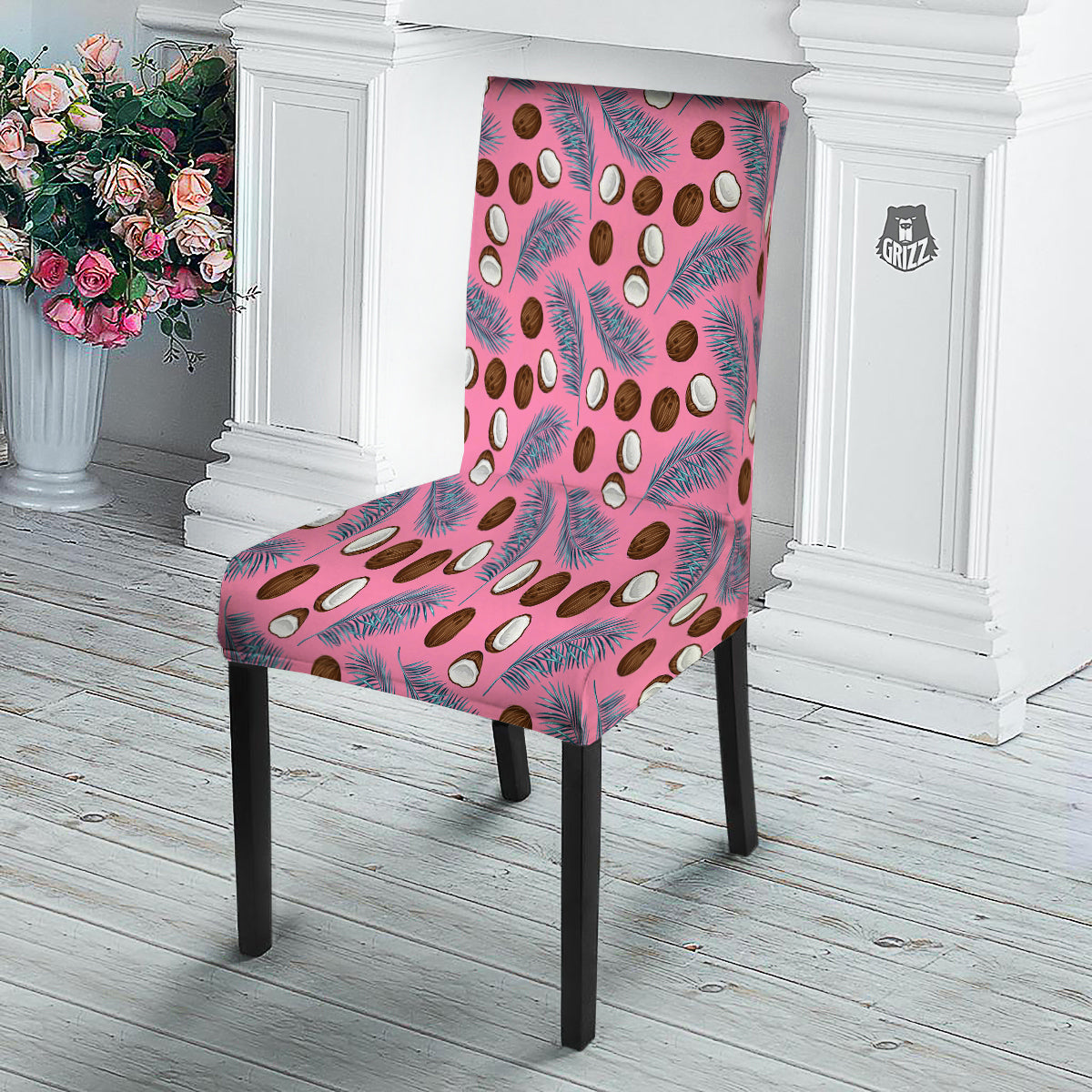 Coconut Pink And Palm Leaf Print Pattern Dining Chair Slipcover-grizzshop