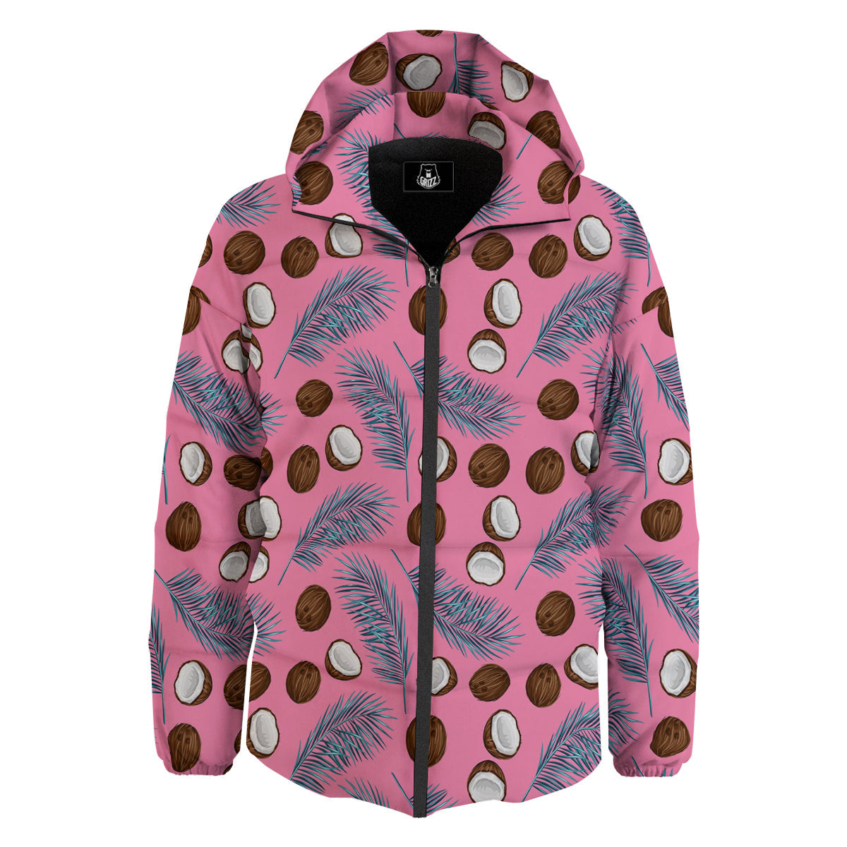 Coconut Pink And Palm Leaf Print Pattern Down Jacket-grizzshop