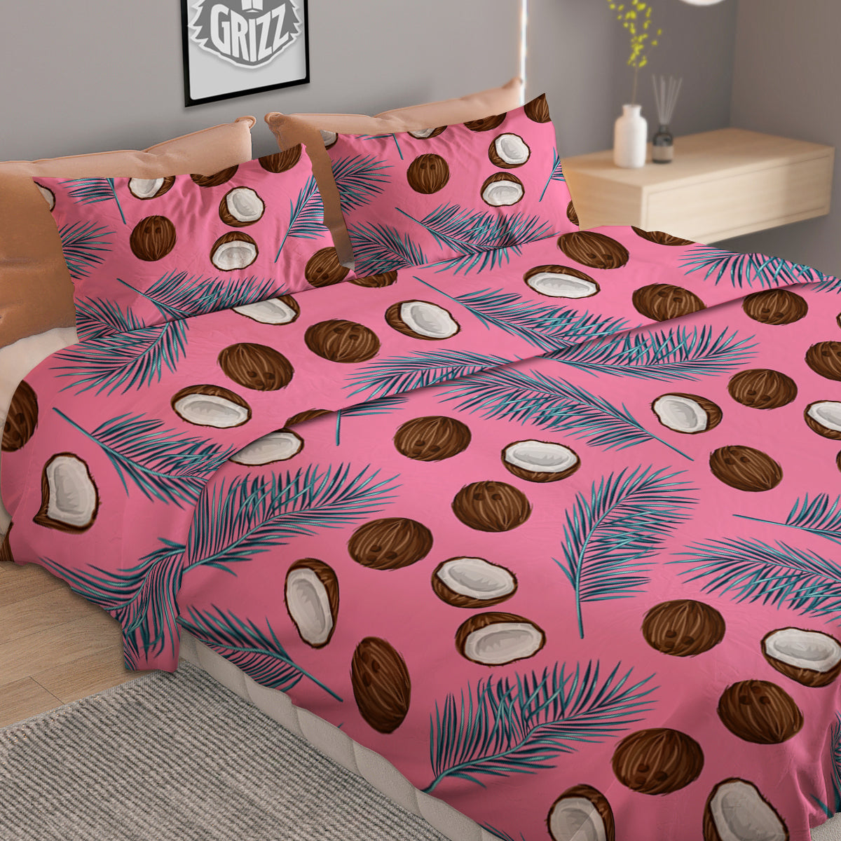 Coconut Pink And Palm Leaf Print Pattern Duvet Cover Bedding Set