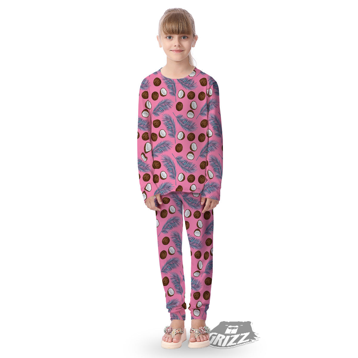 Coconut Pink And Palm Leaf Print Pattern Kid's Pajamas-grizzshop