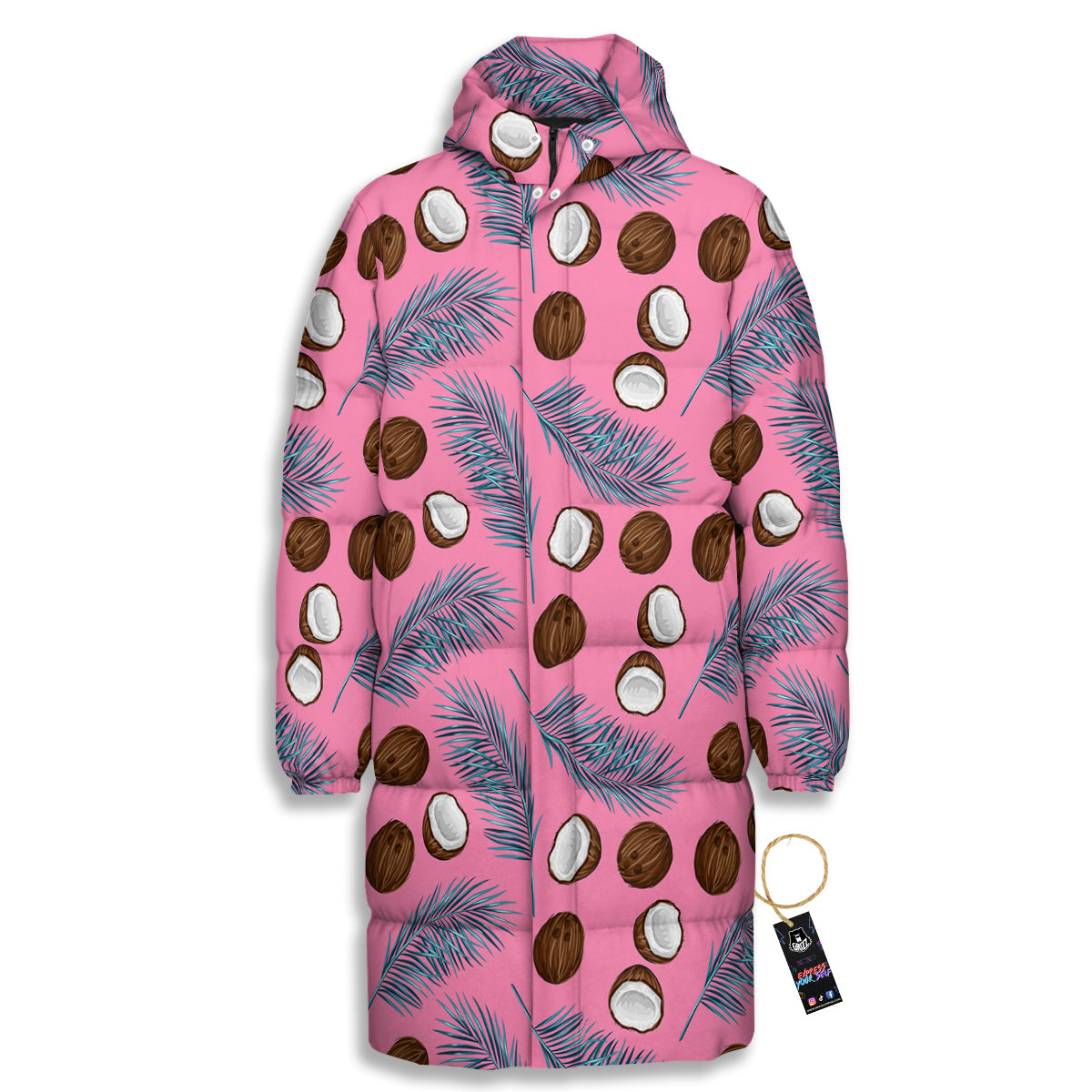 Coconut Pink And Palm Leaf Print Pattern Long Down Jacket-grizzshop