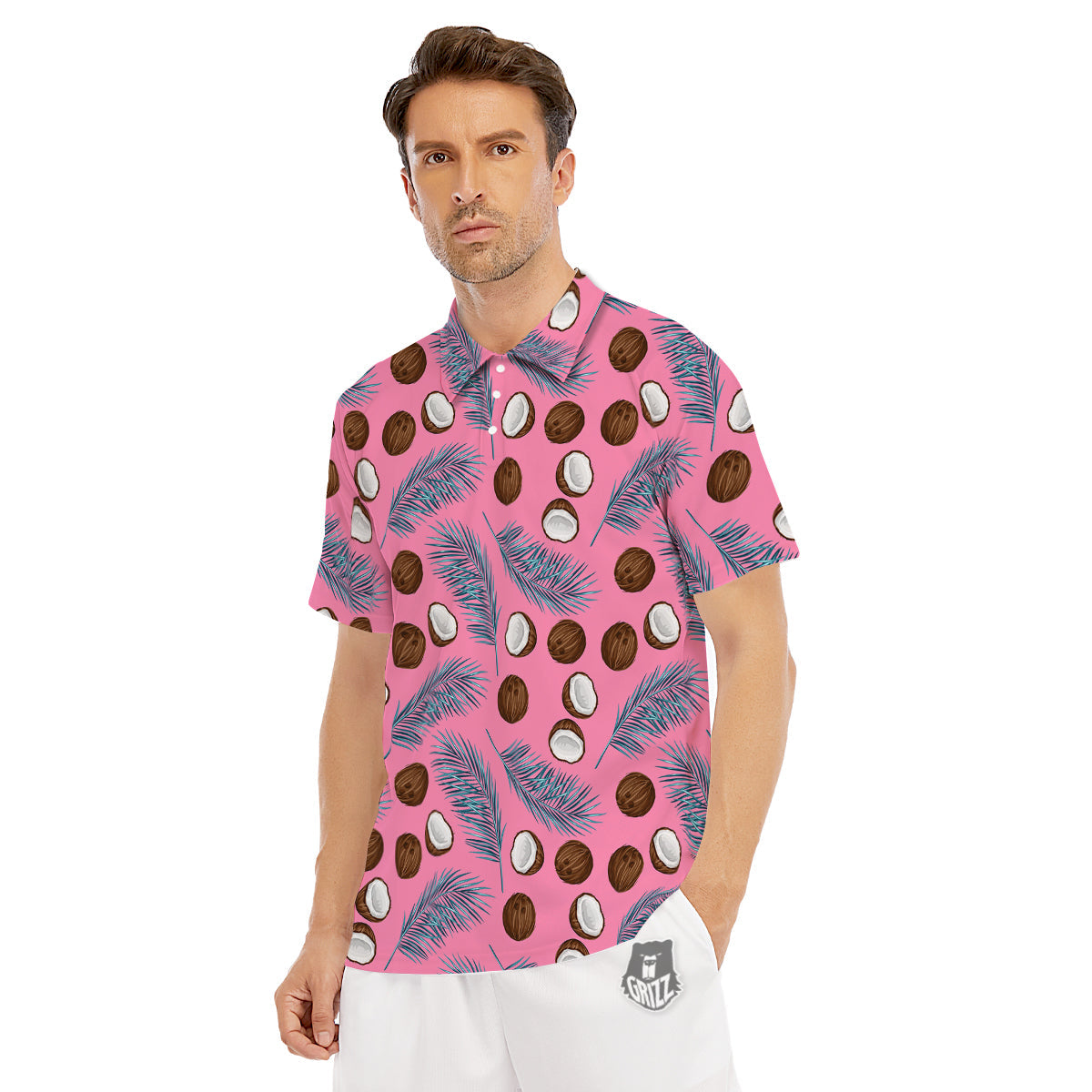 Coconut Pink And Palm Leaf Print Pattern Men's Golf Shirts-grizzshop
