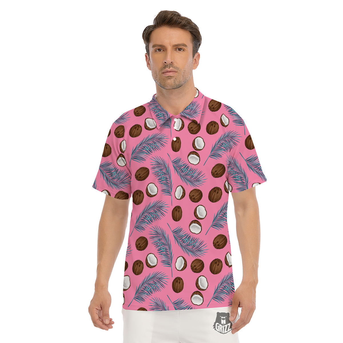 Coconut Pink And Palm Leaf Print Pattern Men's Golf Shirts-grizzshop