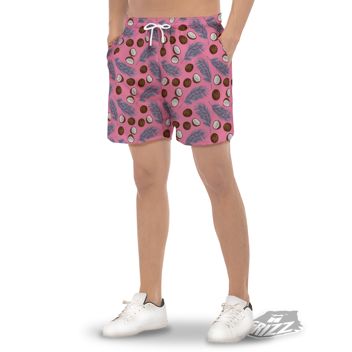 Coconut Pink And Palm Leaf Print Pattern Men's Gym Shorts-grizzshop